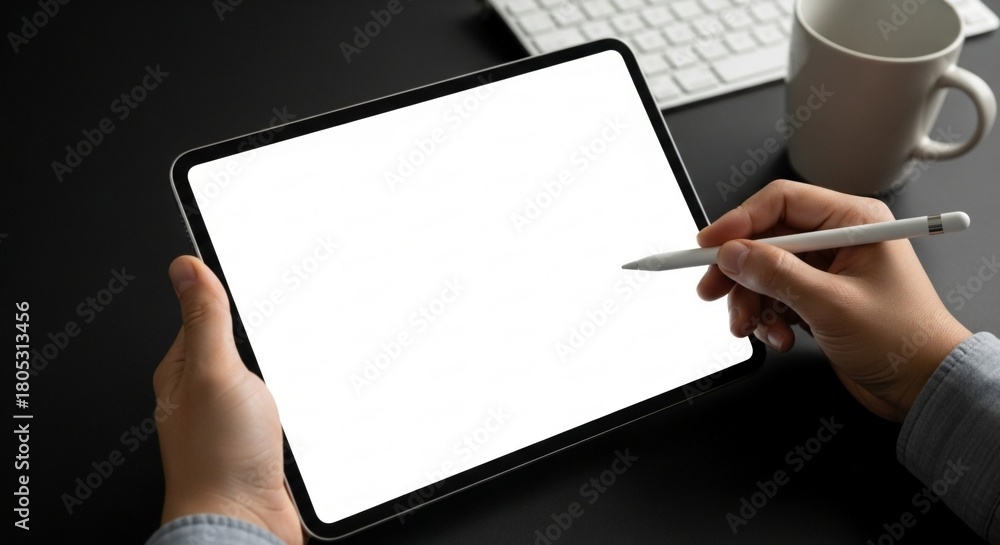 Obraz premium Using tablet mockup with pencil for digital art and design on black desk with keyboard and coffee mug
