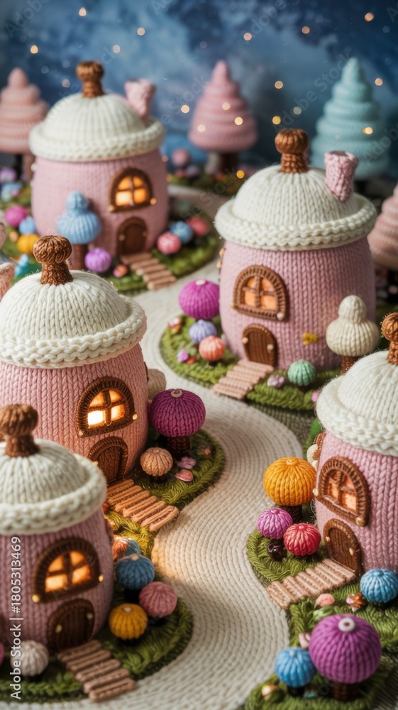 Obraz premium A knitted village with houses in the shape of acorns. The roofs of the houses are covered with knitted snow, knitted trees, flowers and shrubs in the snow. Curved knitted paths wind between the houses