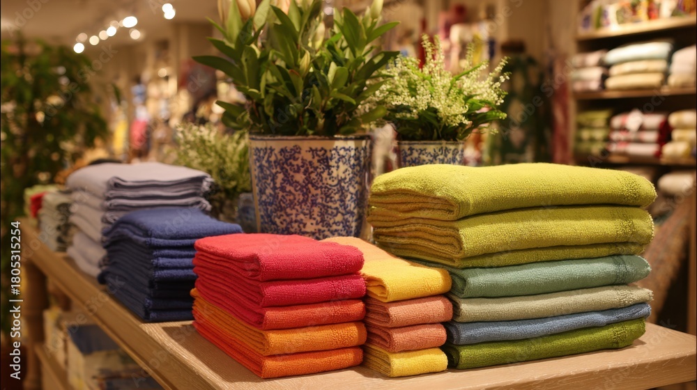 Naklejka premium A display of colorful towels on a table. The towels are arranged in a rainbow pattern, with each color stacked on top of the other. The display is in a store, and there are potted plants