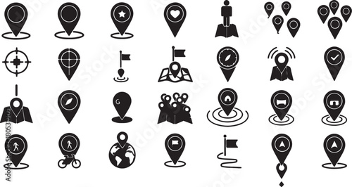 Location and navigation icons set for maps and travel