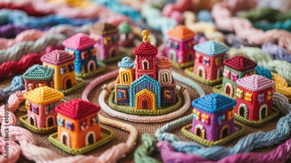 Naklejka premium A knitted little town with modern houses. There is a knitted church between the houses. Everything is made of yarn in bright colors.