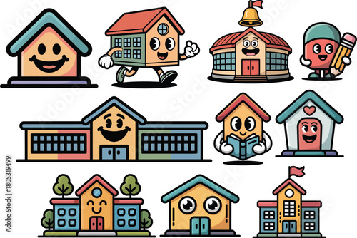Cute school house cartoon characters waving books and ringing bells