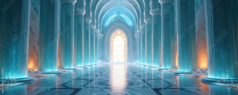Naklejka premium Grand ice palace interior shows glowing crystal columns. Icy walls, shimmering floor reflect bright archway light. Warm orange hues accent cold blue tones. Magical fantasy realm offers truly majestic