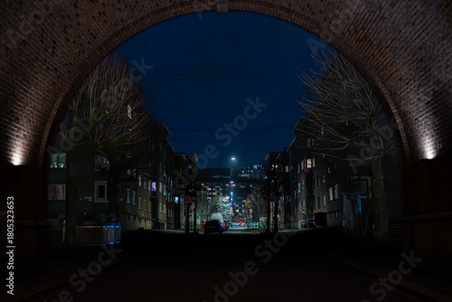 Canvas Print Nordic Night Street Framed by Brick Arch