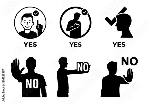 Set of yes and no icons with checkmarks indicating approval and hand gestures indicating rejection