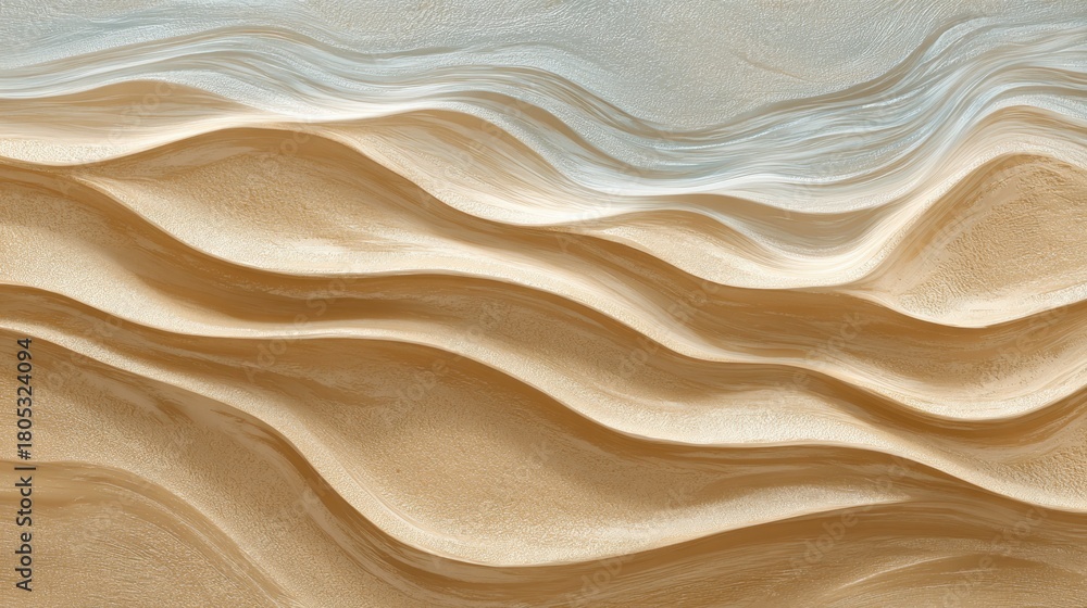 Obraz premium Smooth wavy patterns of sand stretch across a vast desert creating an abstract visual scene. The gentle curves showcase natural beauty under a bright blue sky with shadows adding depth.