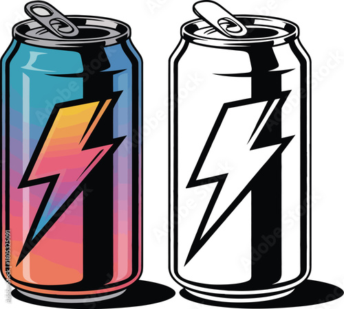 Stock vector illustration of energy drink can with lightning bolt for energy boost marketing