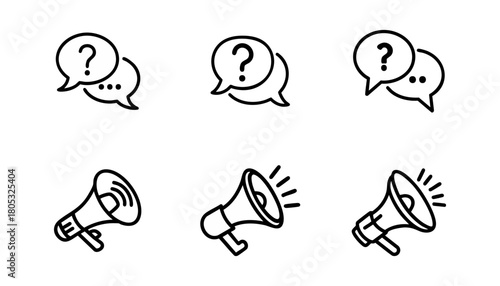 Communication Icons - Question Marks and Megaphones for Inquiries and Announcements.