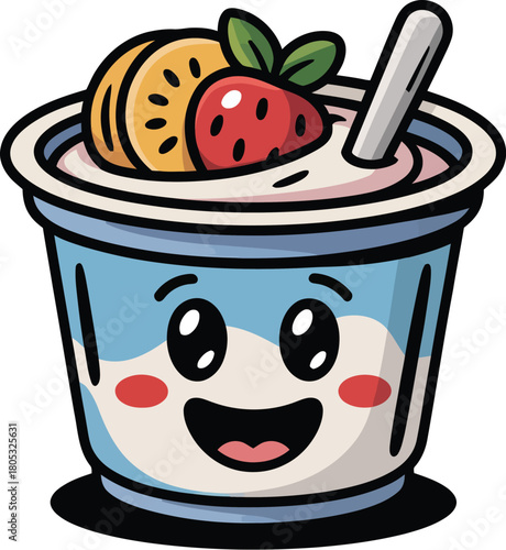 Cute yogurt cup with fruit cartoon illustration vector image for kids healthy food concept design