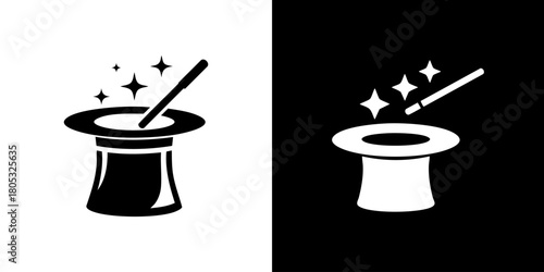 Magic Hat and Wand with Stars in Black and White.