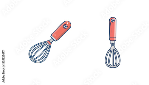 Two whisks with red handles for cooking and baking.