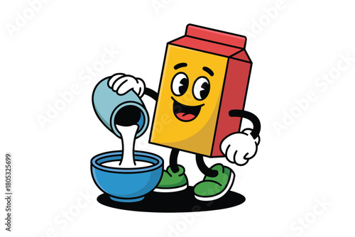 Cartoon milk carton pouring milk into bowl vector illustration breakfast cereal dairy food drink art