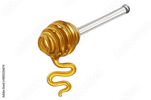 Honey dipper holding golden liquid dripping on transparent background