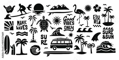Summer surf and beach vacation tropical icons silhouette set