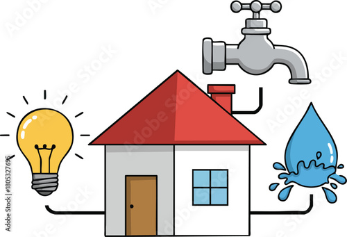 House with water tap and light bulb illustrating utility services concept in simple vector style 