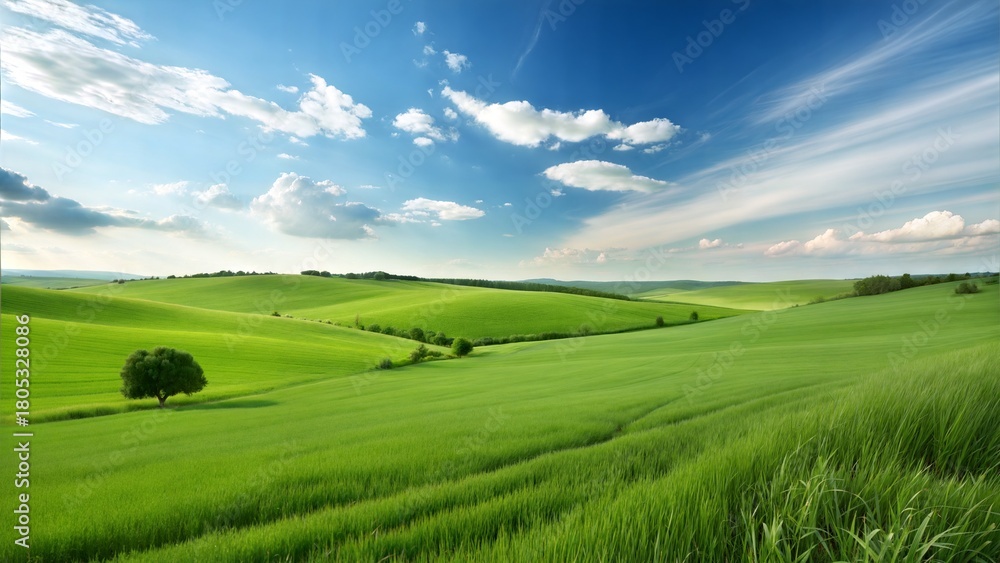 Obraz premium Stunning rolling green hills landscape under bright blue skies provide a sense of peace and tranquility