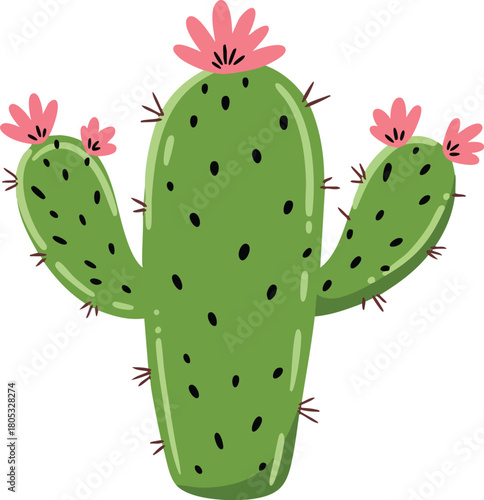 Green cactus with pink flowers in simple vector illustration style suitable for decoration or design projects 