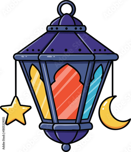 Traditional decorative lantern with star and crescent moon colorful panels vector illustration 