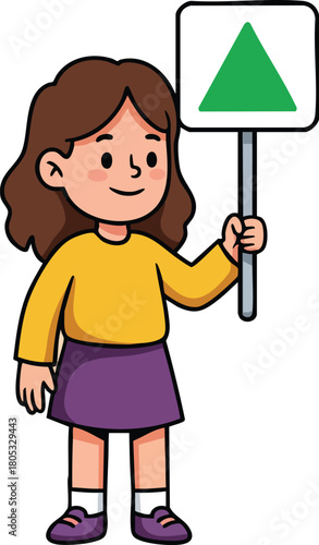 Girl holding sign with green triangle shape vector illustration in casual clothes and purple skirt 