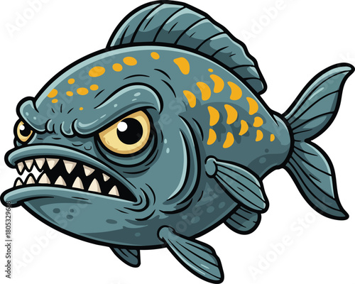 Angry piranha fish with sharp teeth and yellow spots aggressive marine animal vector illustration 