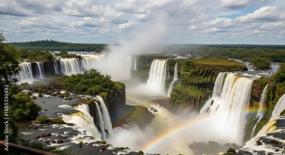 Fototapeta premium Iguazu Falls Scenic View with Rainbow Over Massive Waterfalls and Lush Rainforest 