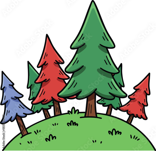 Colorful pine trees on grassy hill with green blue and red foliage vector illustration 