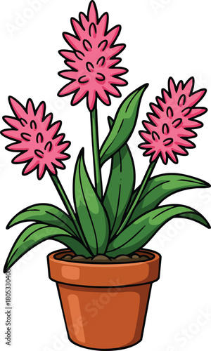 Pink flower plant in terracotta pot with green leaves vector illustration for decoration and gardening designs 