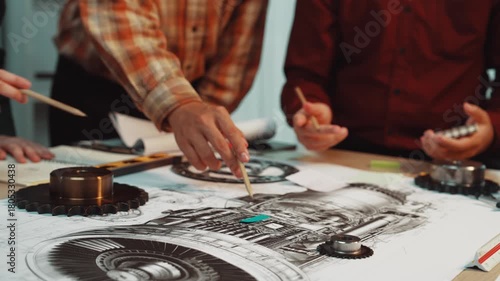 A vibrant workshop showcasing hands engaged in the design of mechanical components. Participants collaborate on technical drawings, emphasizing teamwork and innovation in engineering. SACTR