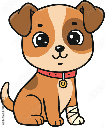Cute brown puppy dog sitting with red collar and wrapped front paw vector illustration 