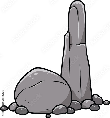 Stone rock formation with tall vertical rock and scattered smaller rocks vector illustration 