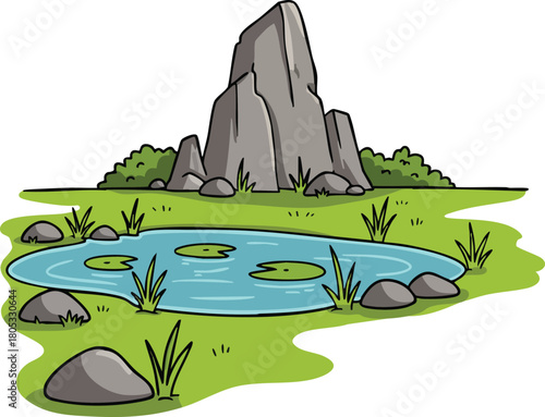 Rock formation with pond and green grass landscape natural outdoor scenery vector illustration 