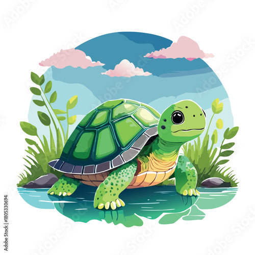 Cute whimsical watercolor illustration of a Timid green girl turtle with a pink barrette who lives near a pond