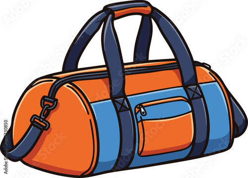 Sports bag with orange and blue colors and black handles for travel and leisure use vector illustration 