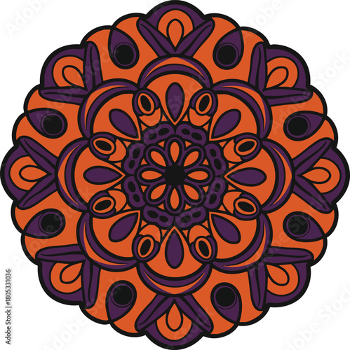 Ornamental circular mandala design with orange and purple colors in vector illustration style for decorative art and creative projects 