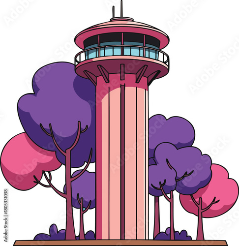 Observation tower surrounded by purple and pink trees in stylized vector illustration for nature scenes and architecture designs 