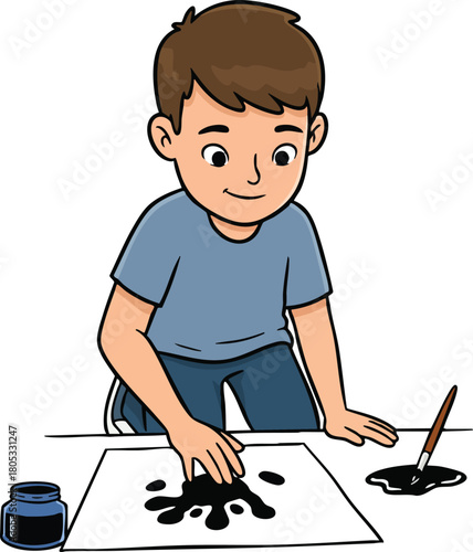Boy making handprint art with black paint and brush on white paper vector illustration for creative child activity and learning concept 