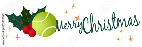 Fototapeta Festive Christmas tennis illustration featuring holly, candles, bells, evergreen branches, and warm seasonal details