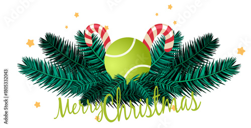 Slika na platnu Festive Christmas tennis illustration featuring holly, candles, bells, evergreen branches, and warm seasonal details
