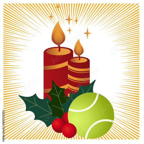 Fotografija Festive Christmas tennis illustration featuring holly, candles, bells, evergreen branches, and warm seasonal details