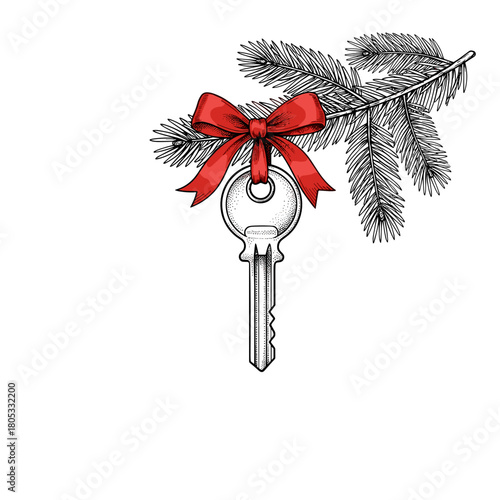 Key with red bow and pine branch for holiday season decoration  
