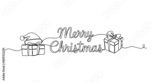 Hand-drawn Merry Christmas text with gift boxes and a hat  