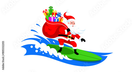 Santa Claus surfing on a green board with a bag of gifts  