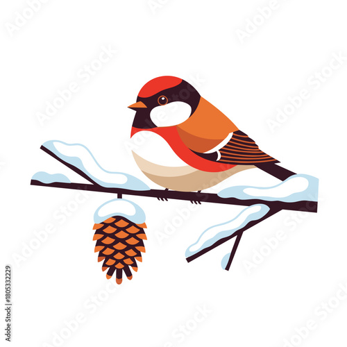Colorful bird perched on snowy branch with pine cone in winter  