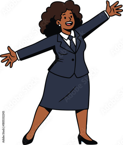 Businesswoman in suit spreading arms welcoming gesture professional success and confidence vector illustration 