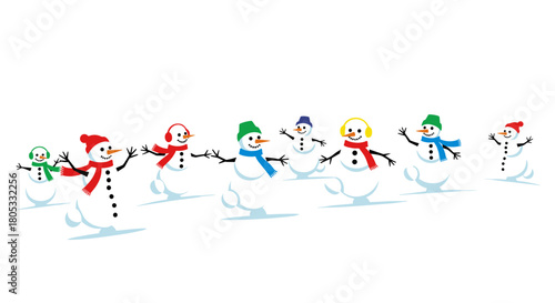 Snowmen dancing together in winter with colorful scarves and hats  