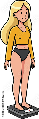 Blonde woman standing on bathroom scale monitoring weight health and fitness progress vector illustration 