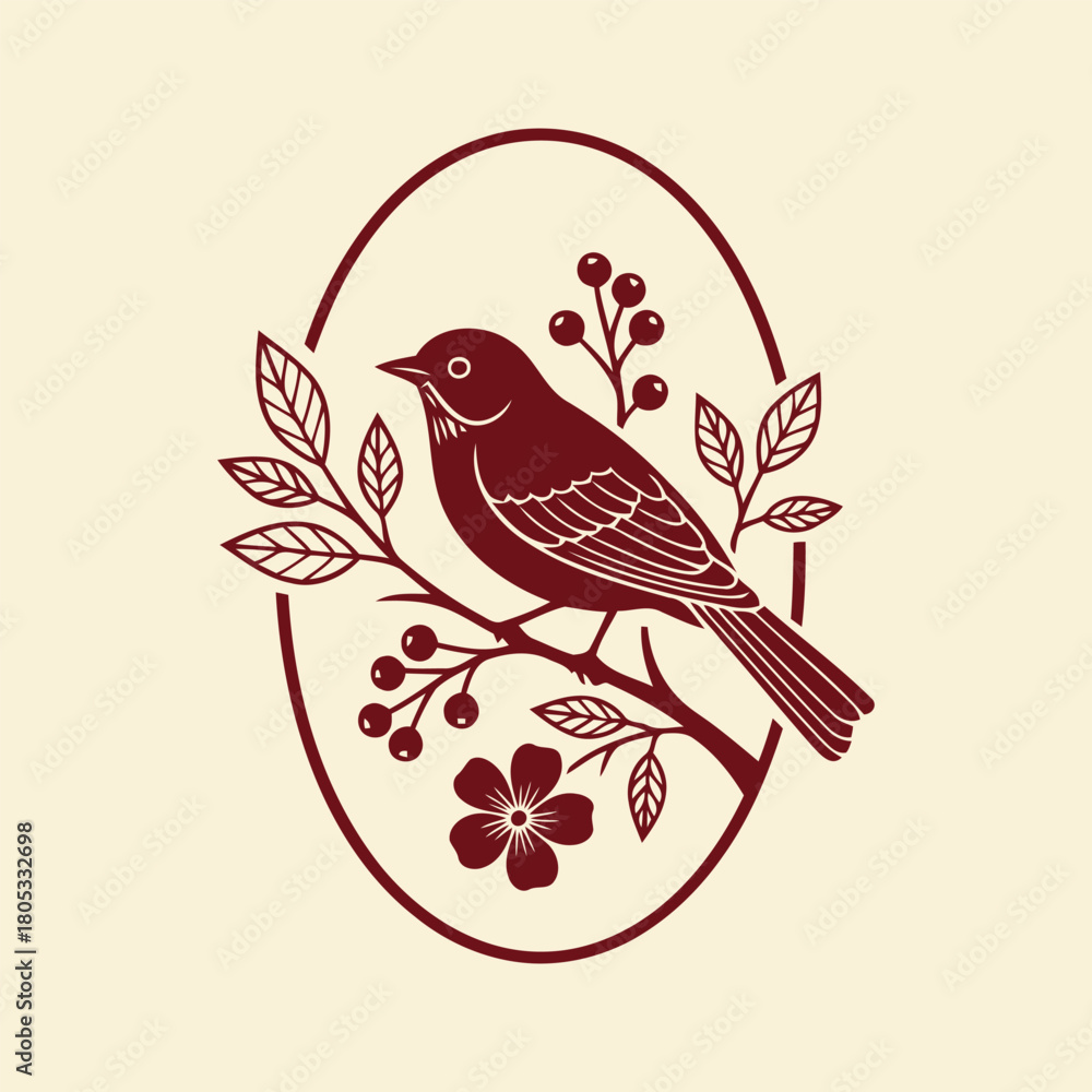Fototapeta premium Elegant illustration of a bird perched on a floral branch with berries, enclosed in an oval frame.