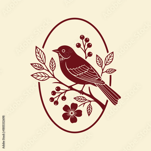 Elegant illustration of a bird perched on a floral branch with berries, enclosed in an oval frame.