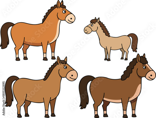 Cartoon horses in various brown shades standing in different poses vector illustration for children and animal themes 