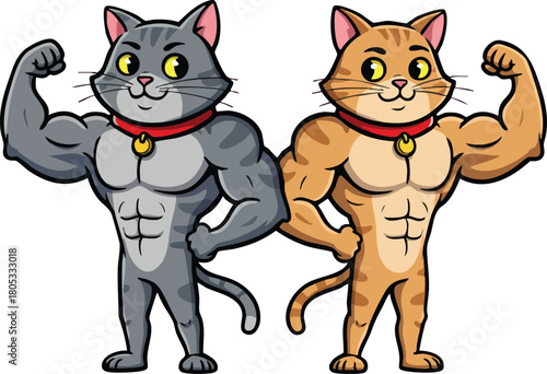 Muscular strong cats flexing biceps in confident pose with collars and bells vector illustration 